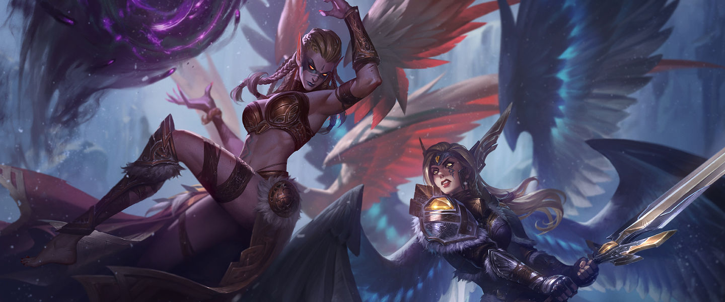 Splash Art conjunto de Morgana Exiliada y Kayle Nacida para el Combate