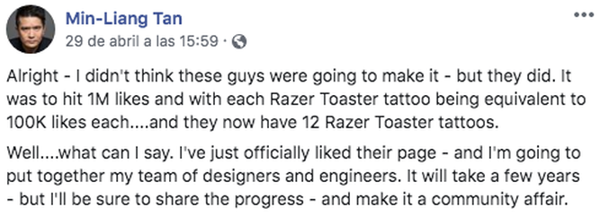 Publicación del CEO de Razer confirmando el proyecto de la tostadora