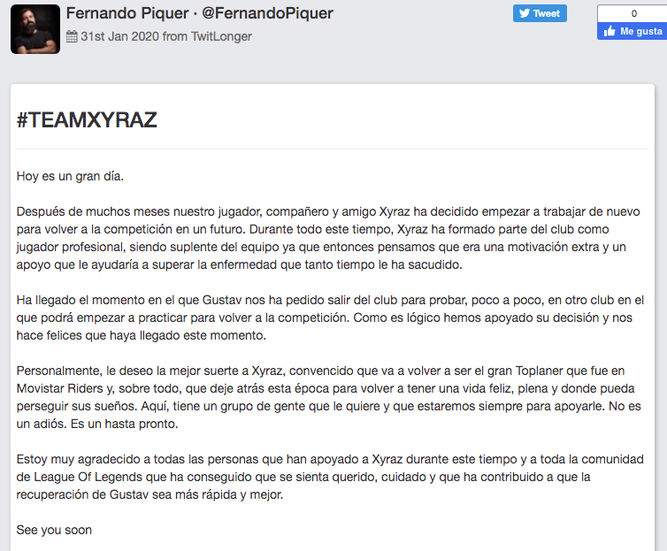 Comunicado oficial de Fernando Piquer sobre la situación de Xyraz