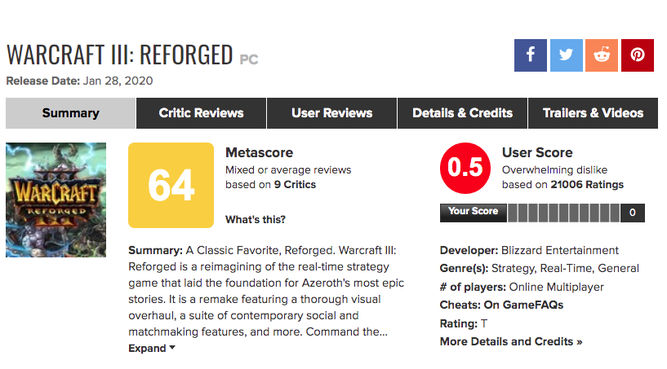 Puntuación de Warcraft 3: Reforged en Metacritic