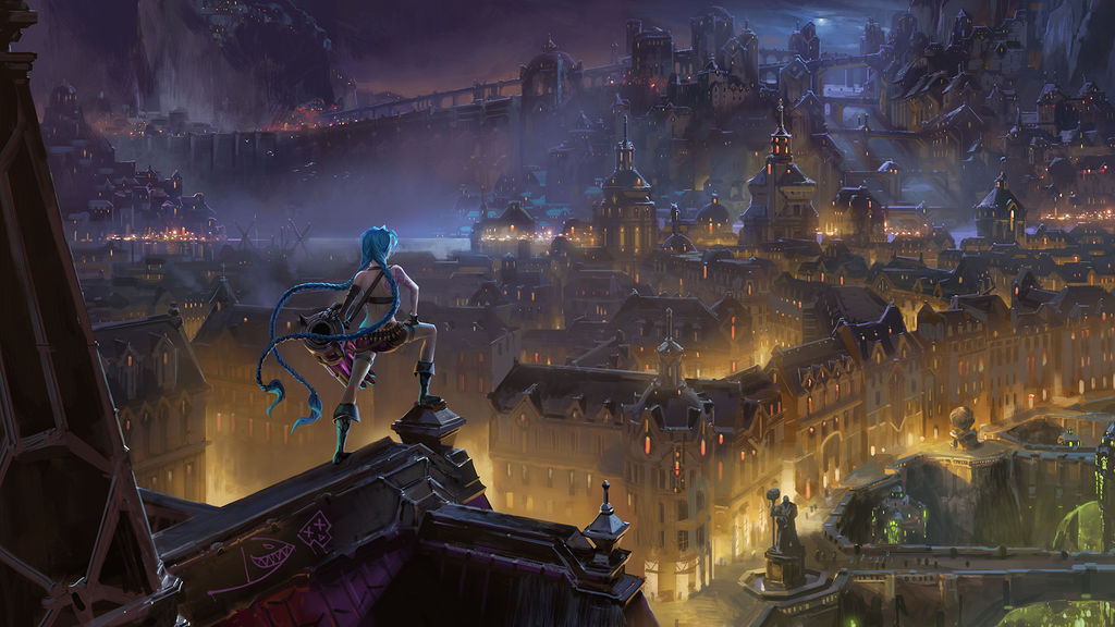 Jinx, segura de si misma con Piltover de fondo