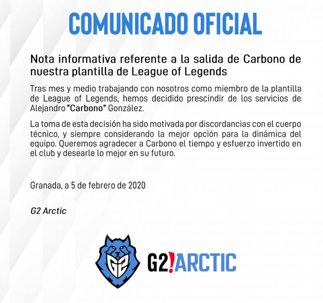 Comunicado oficial de G2 Arctic