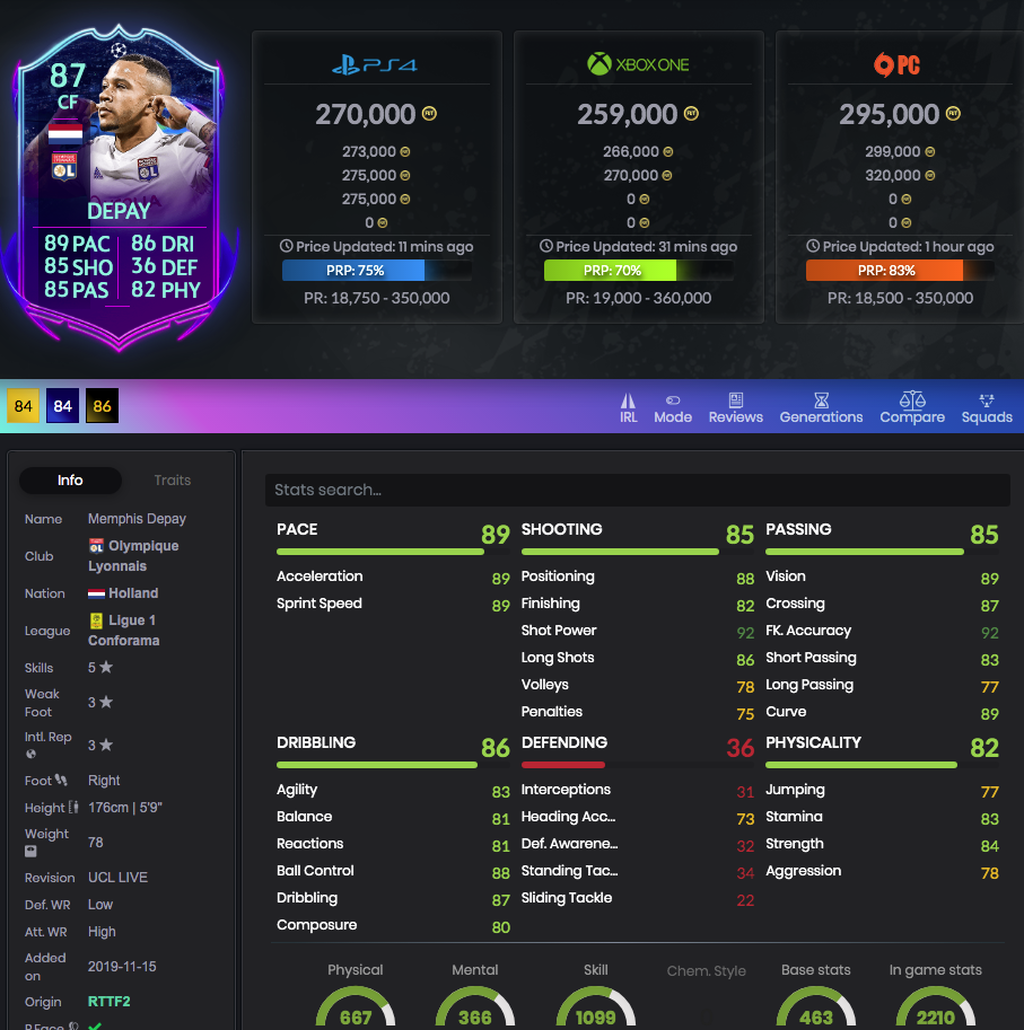 Depay (esta carta tiene que subir un punto de media todavía)