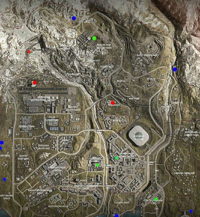 Azul (teclados), verde (ordenadores) y rojo (teléfonos móviles) en el mapa de Warzone