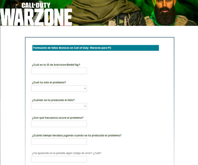 Formulario de preguntas de errores de Warzone