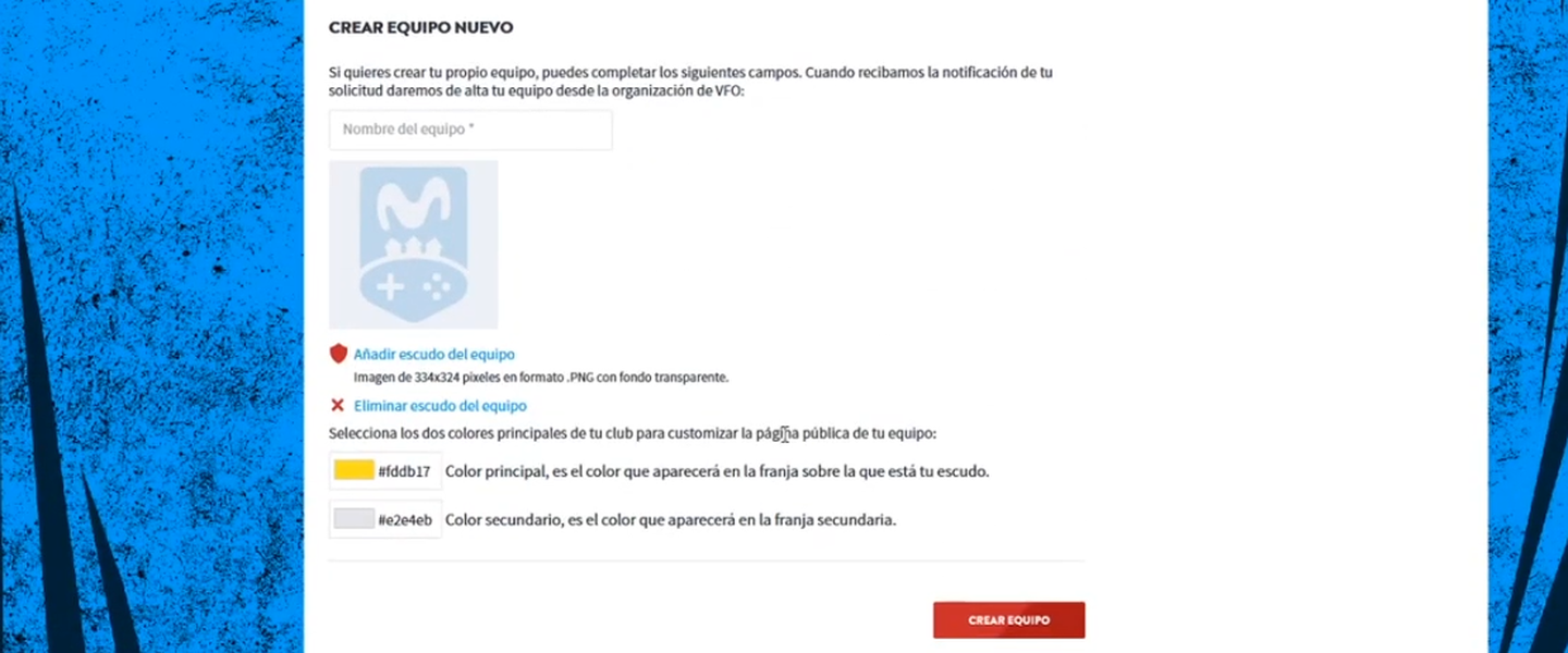 Formulario para crear un nuevo equipo