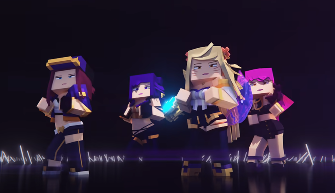 Akali, Kai'Sa, Ahri y Evelynn en versión Minecraft