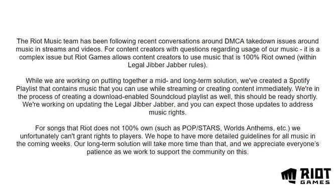 Mensaje de Riot Games sobre su música en Twitch