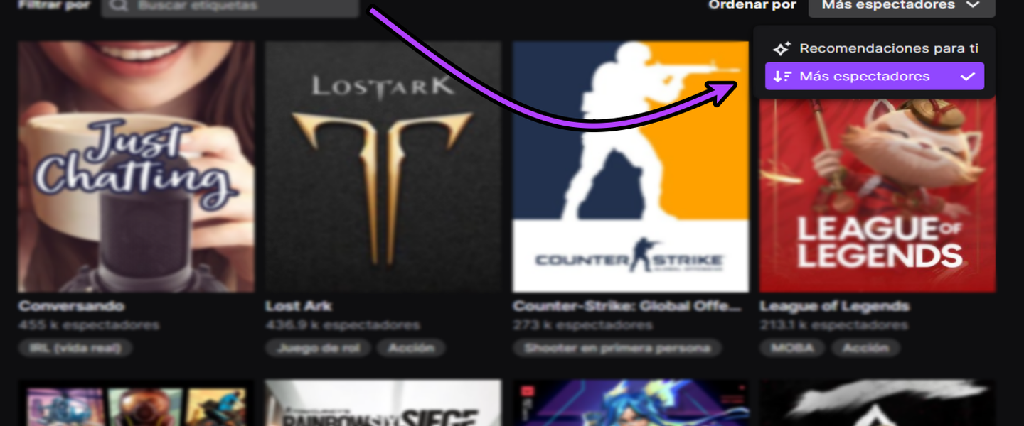 Twitch te deja ordenar por "recomendaciones" o "más espectadores", y ya