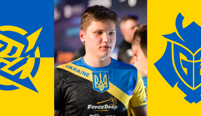 NiP y G2 Esports y sus logos con los colores de Ucrania; En el centro, S1mple con una equipación de Ucrania
