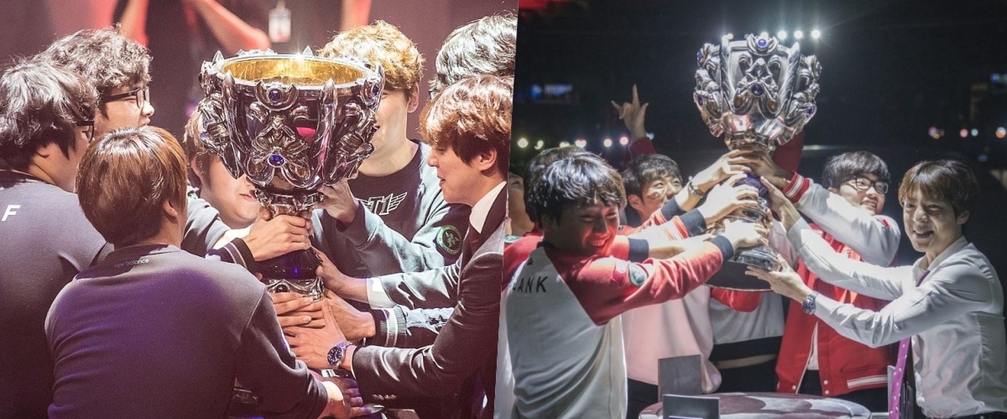 SKT T1 levantando la copa de 2015 y 2016 de Worlds
