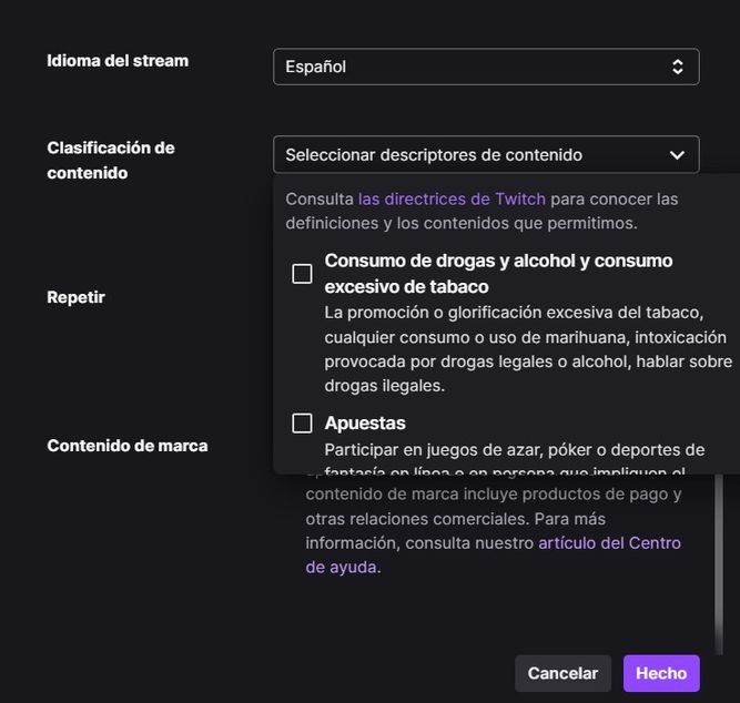 Descriptores de contenido de Twitch