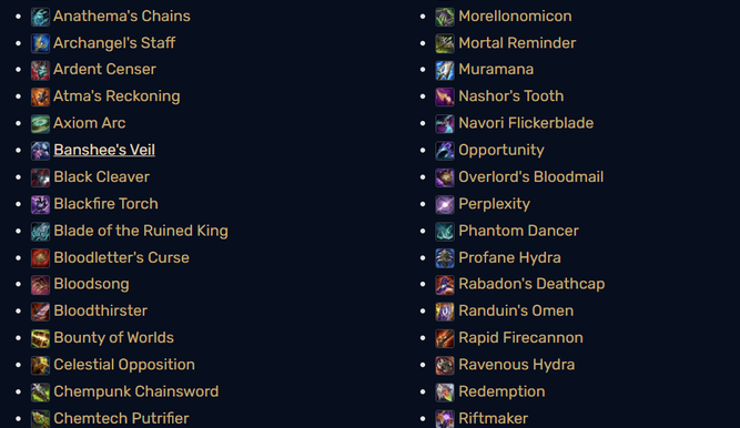 Una lista de algunos de los ítems legendarios de League of Legends (no son los que van a cambiar, solo una foto orientativa)